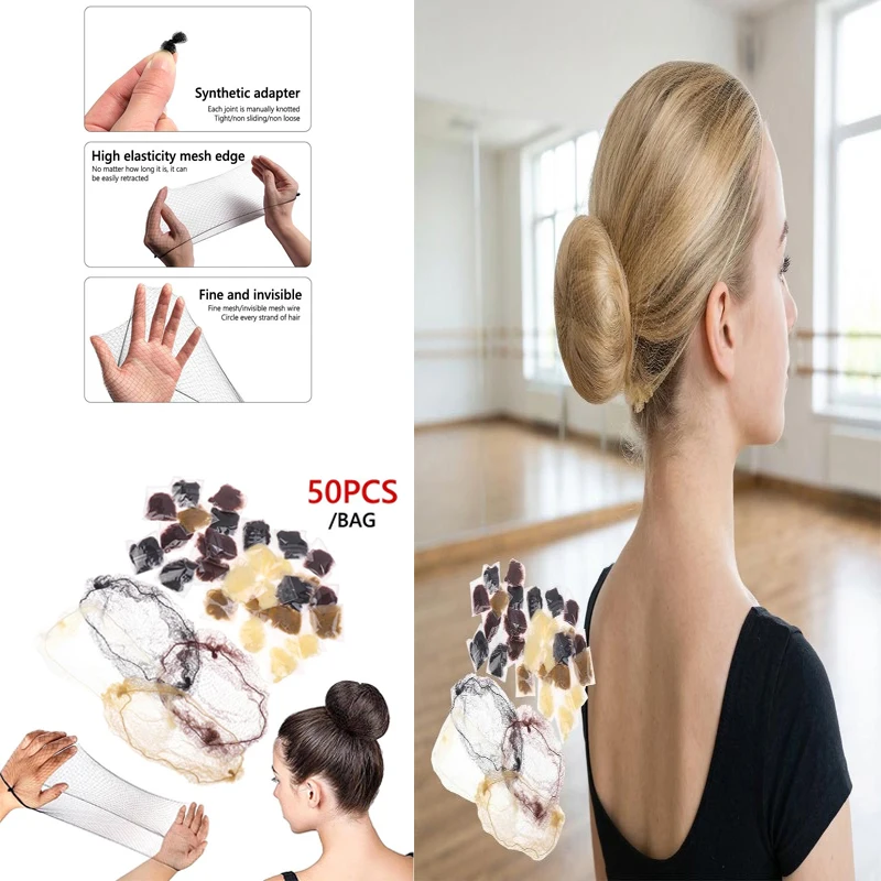 

50Pcs Hair Net Elastic Bundle Hair Invisible Hairnet Mesh Bun Hair Net Bun Hair Hair Style Tool 30/50/70/80CM Hair Accessories