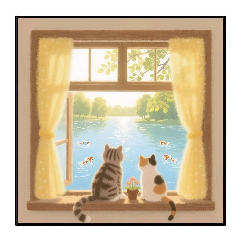 

Window sill cat modern simple living room warm decorative painting cartoon hand-painted oil painting sofa wall