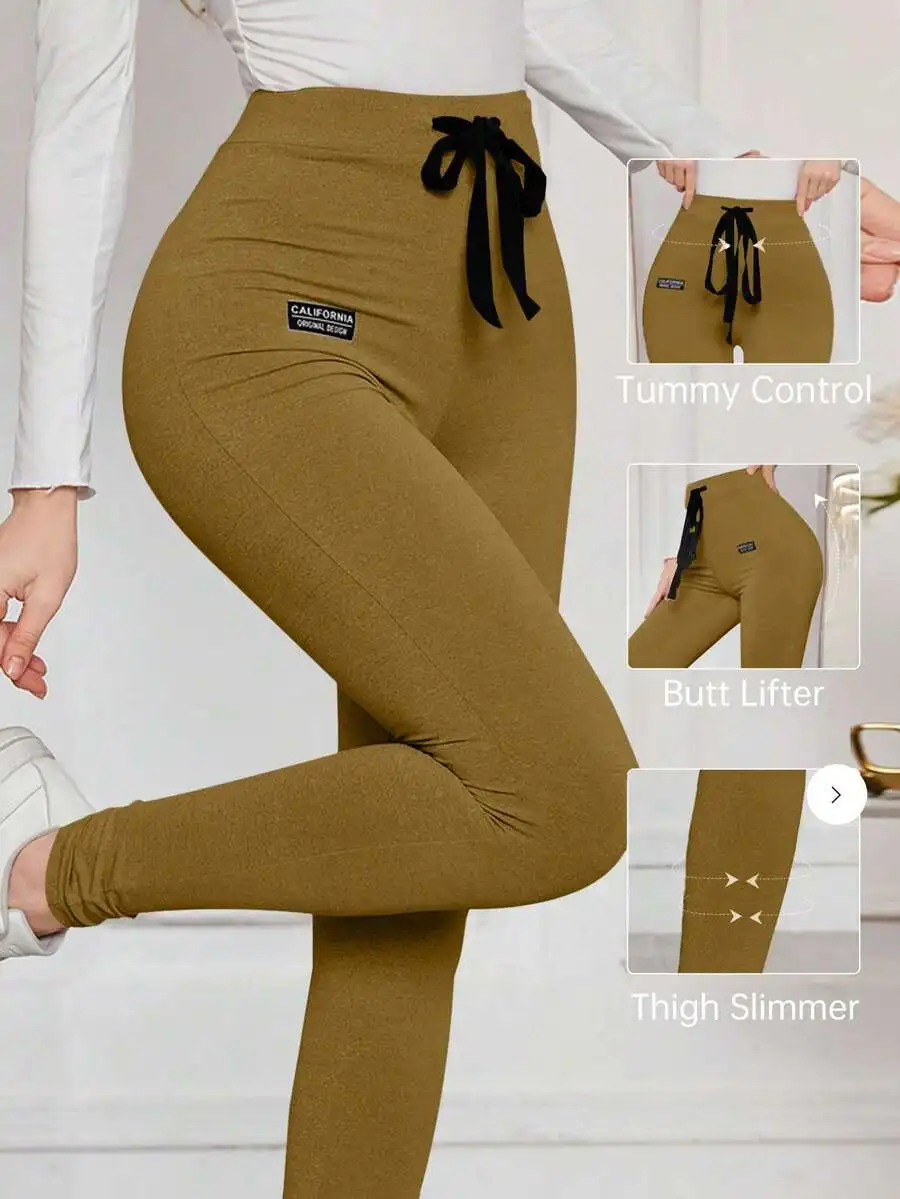 

Solid Color Drawstring High Waist Stretchy Leggings For Women