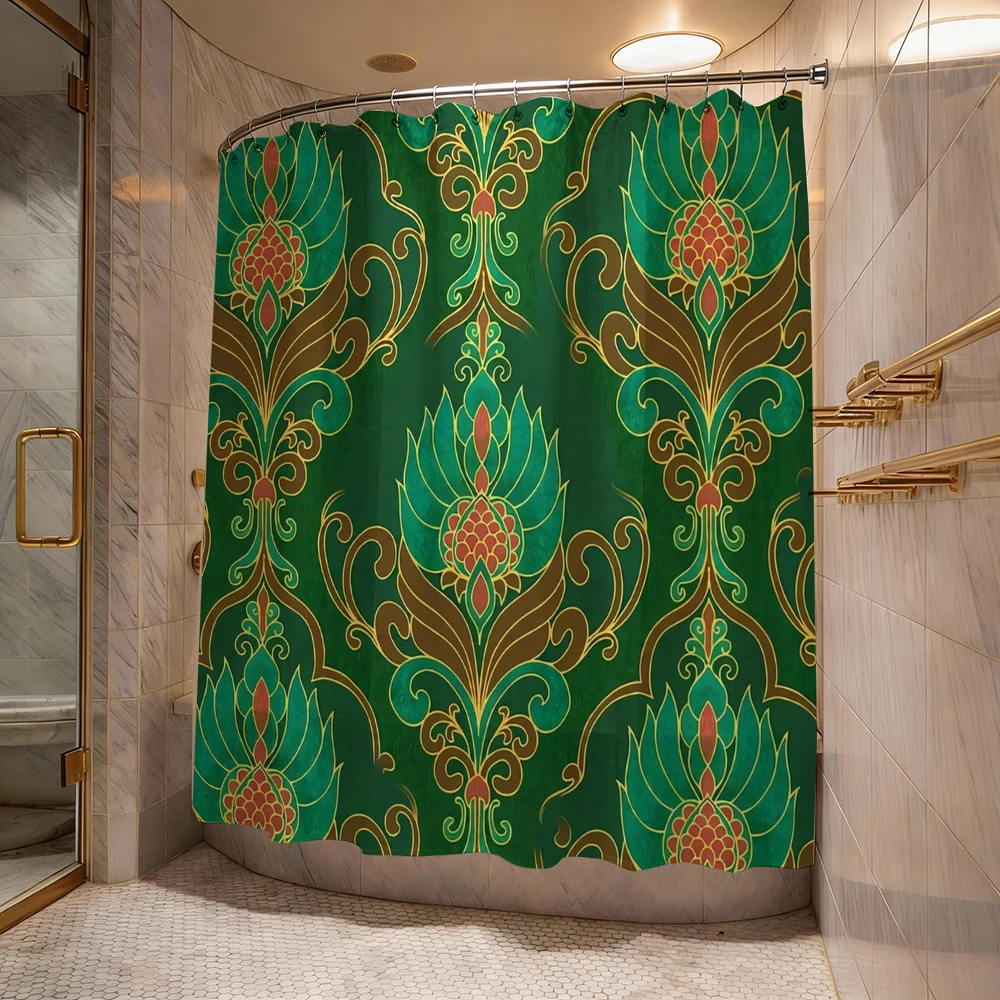 

Elegant Green Tropical Mandala Shower Curtain Liner Ornate Damask Waterproof Bathroom Decor 180x180cm