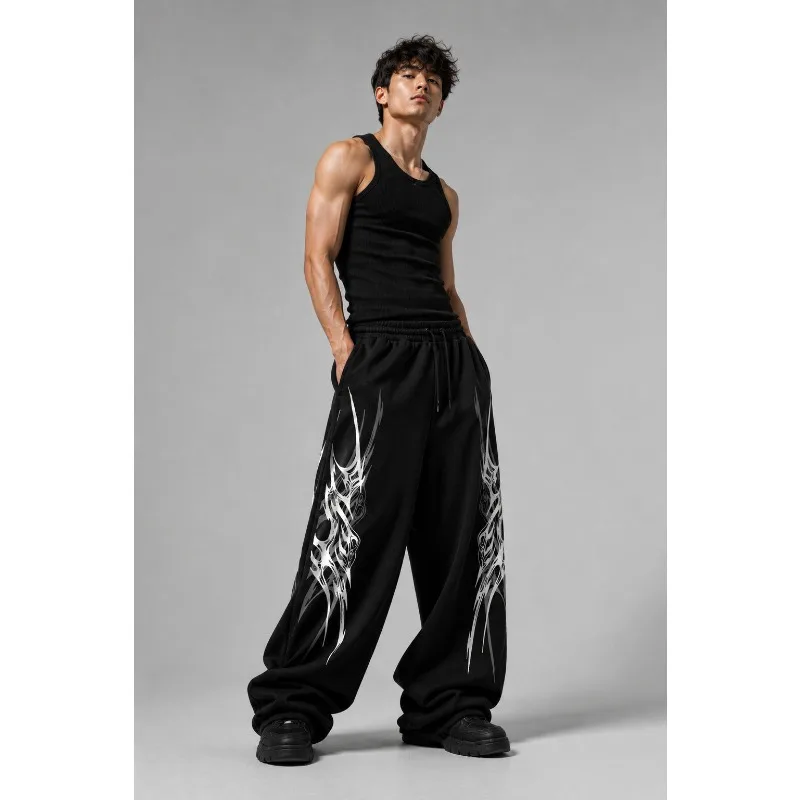 Gothic Horde Totem Wide Leg Sports Pants for WomenY2K Dark Street Style Loose Straight Running Pants Harikurus Punk Casual Pants