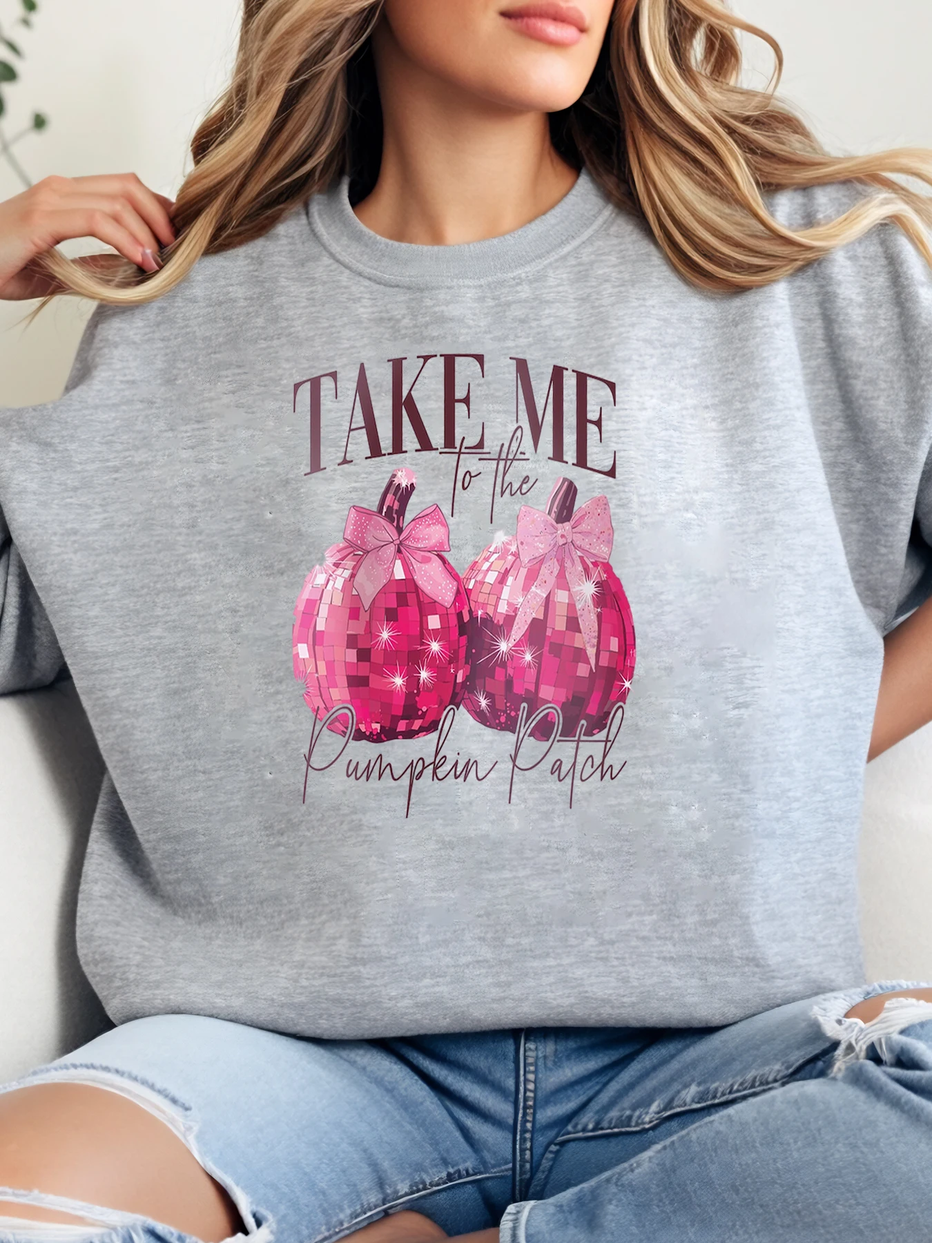 Stampa con toppe di zucca rosa Take Me to the Pumpkin Patch Felpa girocollo di Halloween Donna Casual Abbigliamento autunnale Grigio Taglie forti