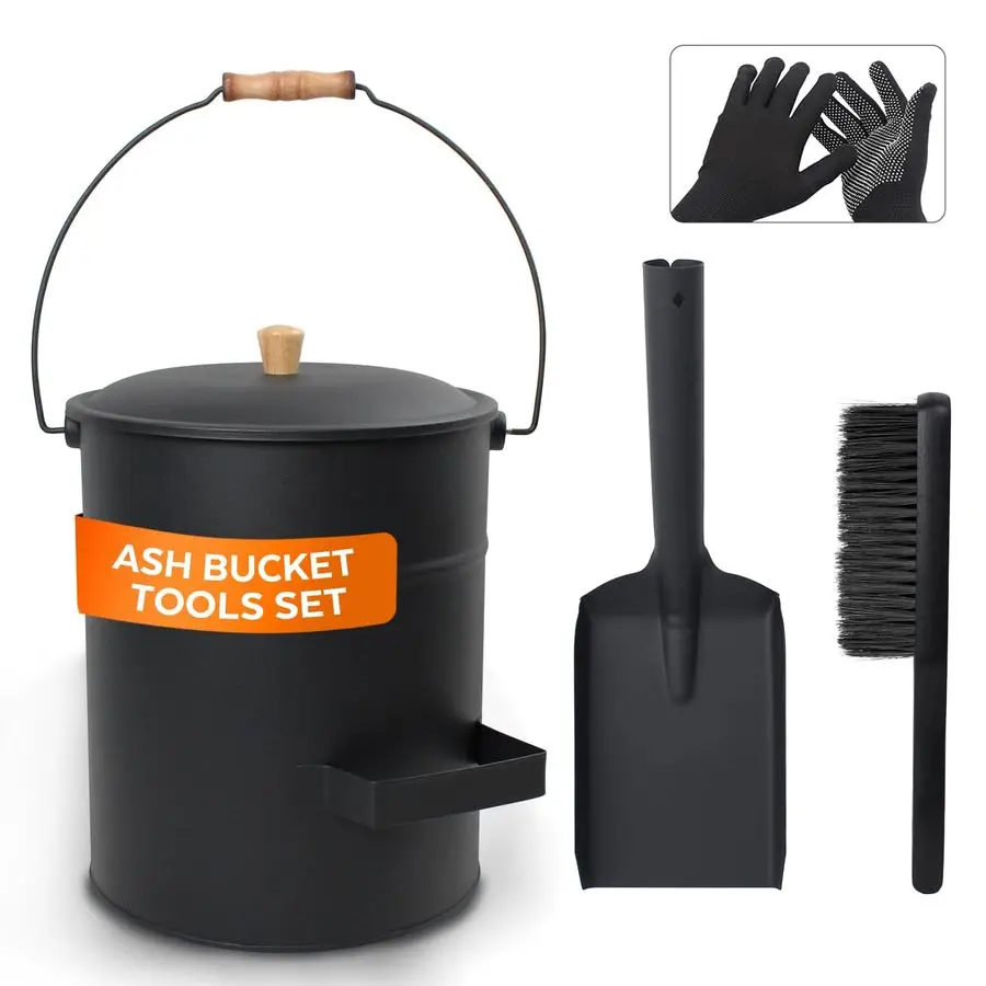 

Bucket with Lid and Shovel, 4 Gallon Metal Fireplace Ash Bucket with Broom, Complete Fireplace Tools Set for Wood Stove and Fire