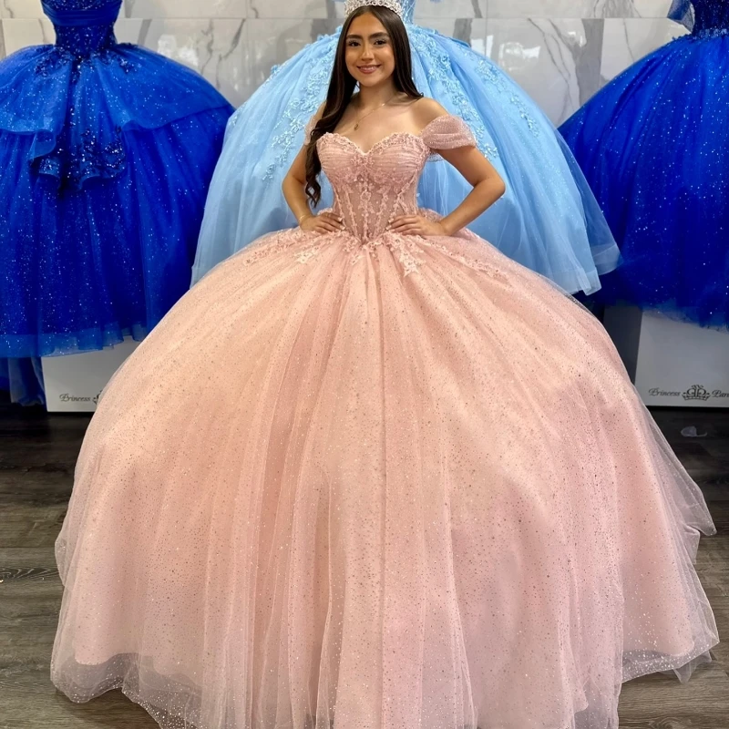 

Pink Shiny Princess Quinceanera Dresses Ball Gown Off The Shoulder Lace Beads Tull Corset Sweet 16 Dress Vestidos 15 De XV Años