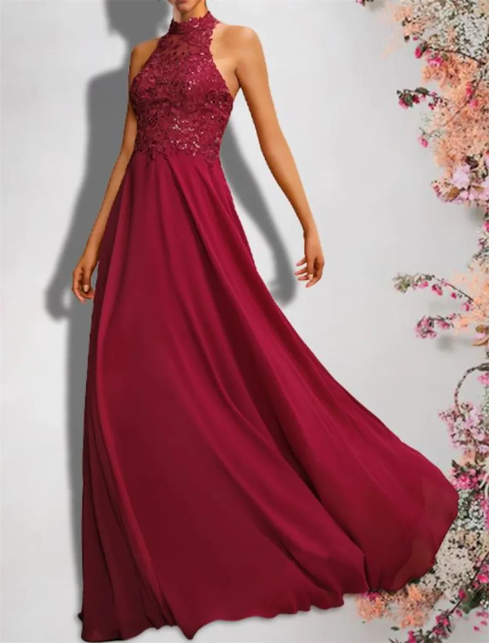 A-Line Bridesmaid Dress High Neck Sleeveless Sexy Floor Length Chiffon Lace with Sequin Appliques elegant dress women for weddin