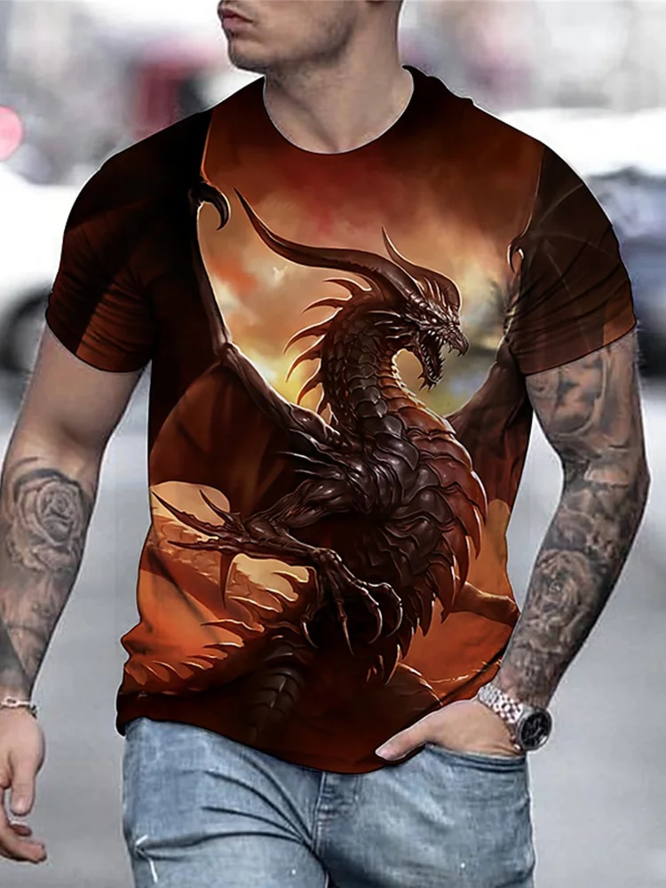 Animated 3D Dragon Pattern Summer Men\'s Casual T-Shirt Outdoor Sports Comfortable Short Sleeves Street Fashion, Round Neck Tops