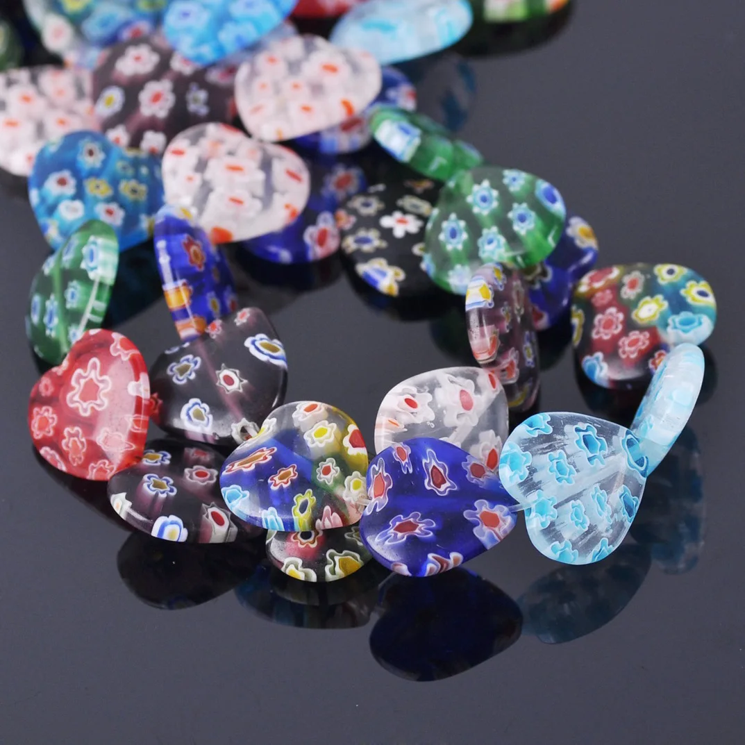 

10pcs Random Mixed Flower Patterns 16mm 25mm Flat Heart Shape Millefiori Lampwork Glass Loose Beads For Jewelry Making DIY