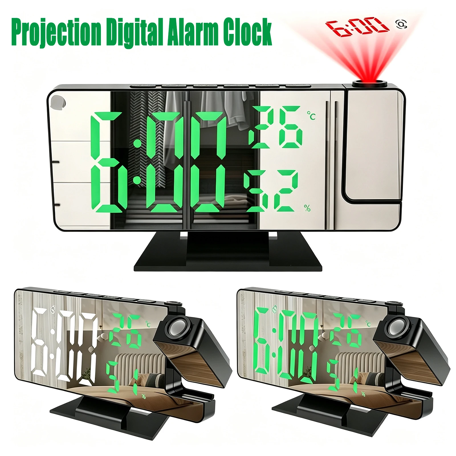 Projection Digital Alarm Clock 180° Arm Projection Alarm Clock Time Temperature Large Display Table Clock Projector LED Clock