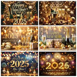 Felice anno nuovo 2025 fondale birra bicchieri da vino Cheers Clock fuochi d'artificio regali bambini Family Party Photography sfondo Wall Decor