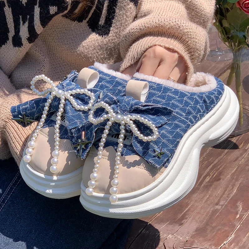 2025년 신상 여성 데님 슬리퍼 플랫폼 두꺼운 밑창 진주 리본 따뜻한 플리스 안감 하프 슬라이드 캐주얼 신발