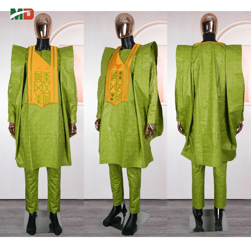 MD African Clothing For Man Traditional Agbada Sets 3PCS Green Bazin Riche Shirt Pant Embroidery Wedding Party Suits Plus Size