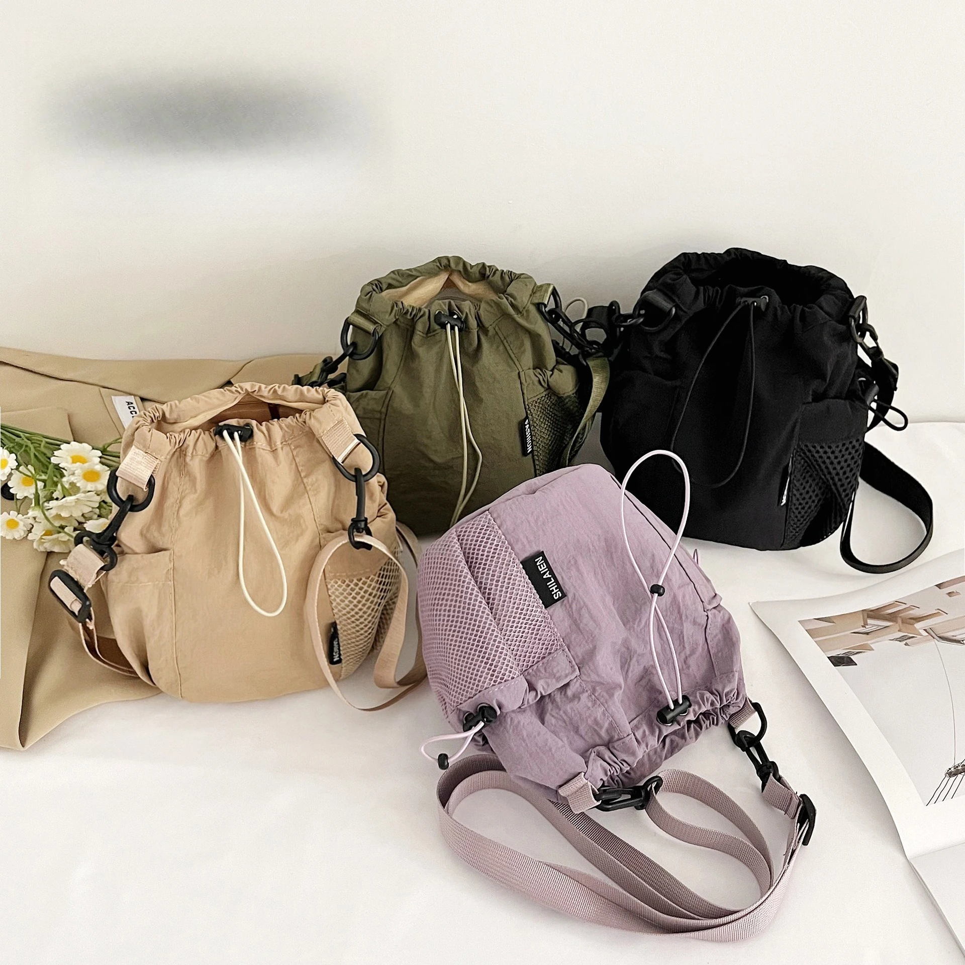 Casual Crossbody Bag For Women Nylon Drawstring Bucket Bag Korean Ins Style Lightweight Mesh Patchwork Shoulder Bag