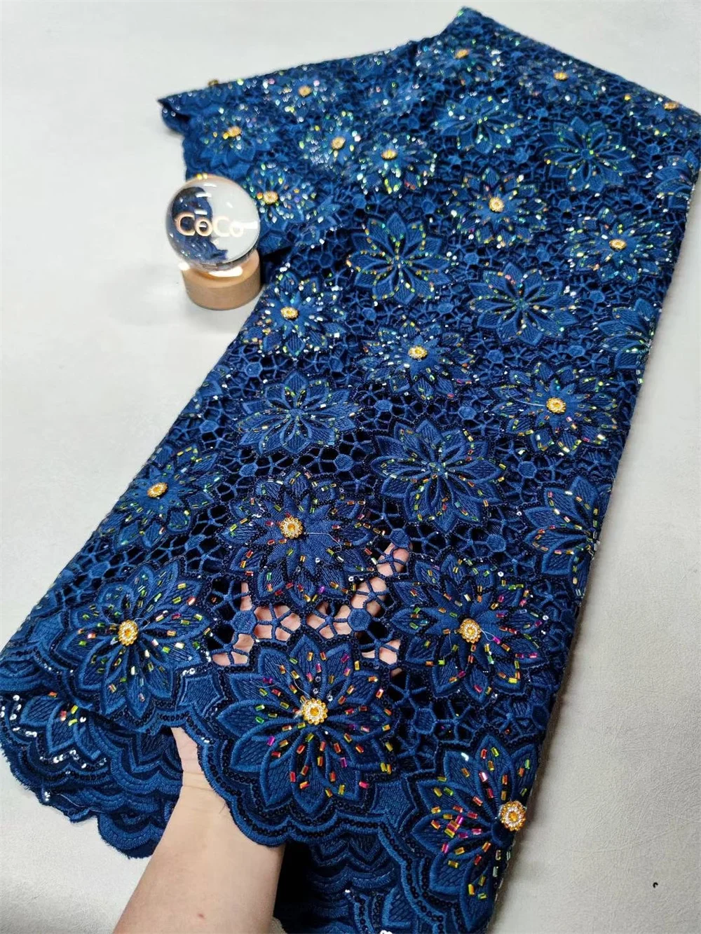 

Navy Blue African Lace Fabric Embroidered Dubai 2025 Luxury Beaded Lace Fabric Wedding 5 Yards Big Diamond Nigerian Lace W649-1