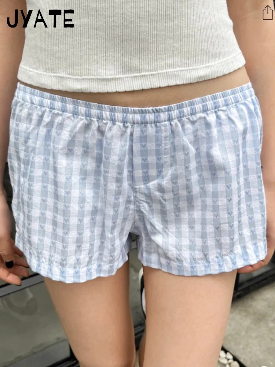 

Classic Blue Heart Plaid Short Pants Women 2024 Cotton Simple Elastic High Waist Shorts Sweet Girls Cute Y2K Home Underwear New