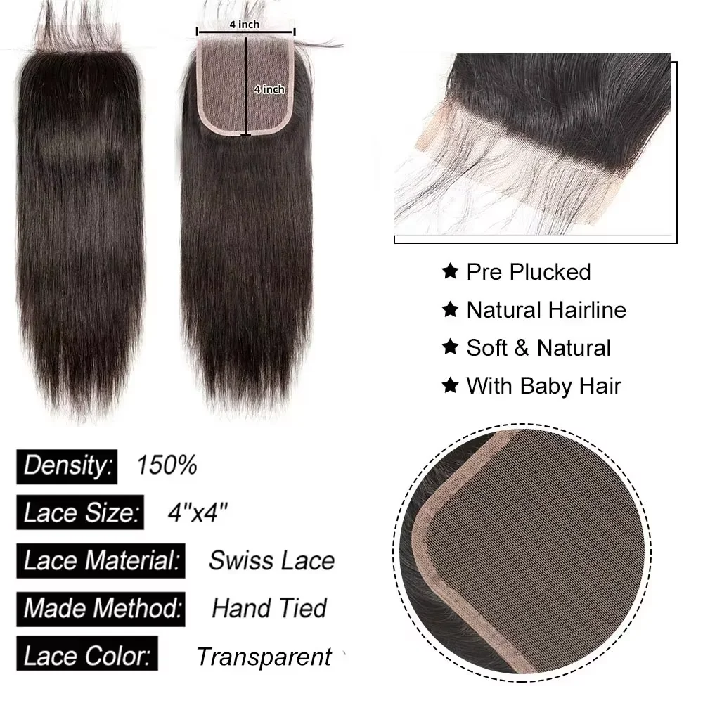 Pacotes de Cabelo Humano Peruano com Fechamento Liso Cru, 3 ou 4 Pacotes com Fechamento de Renda HD 4x4 5x5, Cabelo Virgem com Frontal 13x4