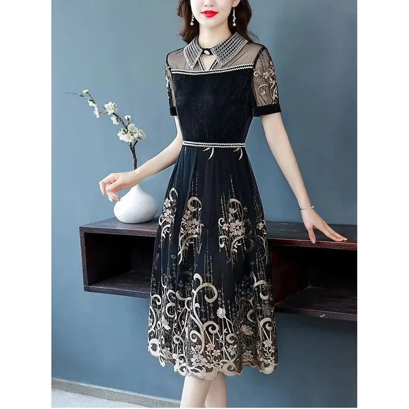 

Embroidery Summer Dress Short Sleeve Lace Dress 2023 New Women's Clothing Sexy Long Dress Slim Fit Slim Dresses Black Elegant