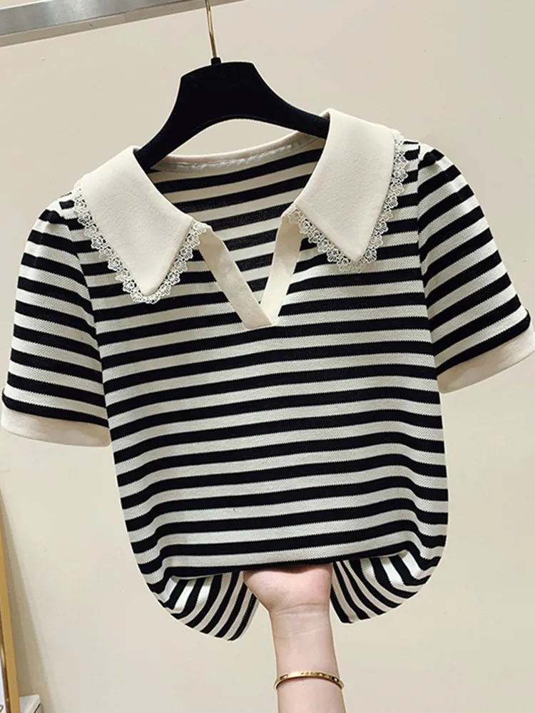 Striped Turn-down Collar T-shirt Women\'s 2024 Summer New V-neck Short Sleeved Loose Fashion Pure Cotton Versatile Short Top