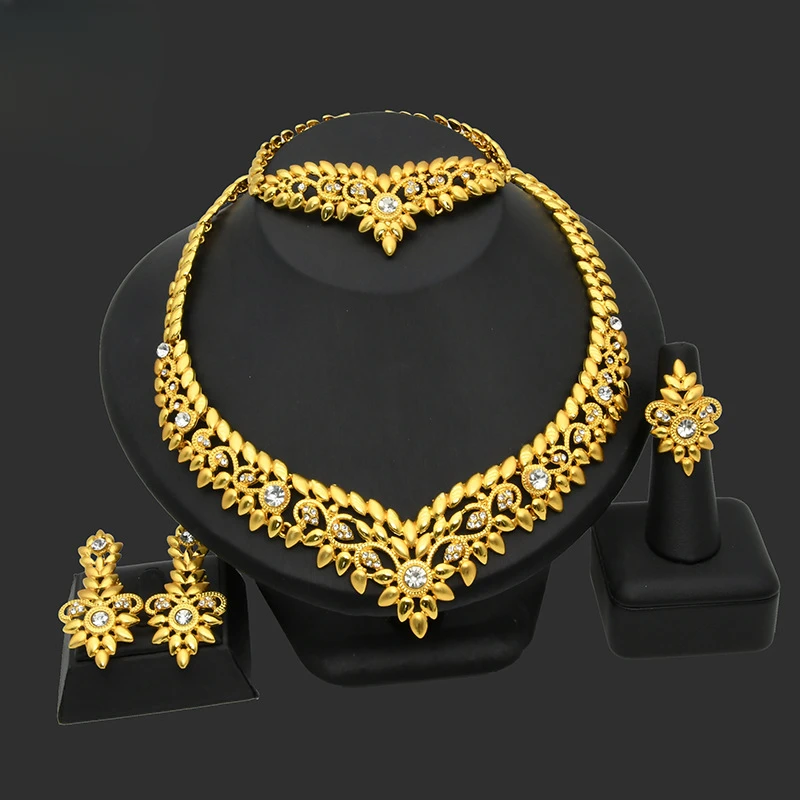 Set of Luxurious Precious and Eye-catching Zircon Vine Gold Color Jewelry Set BrideNecklace Bracelet Earring Ring Four Piece Set