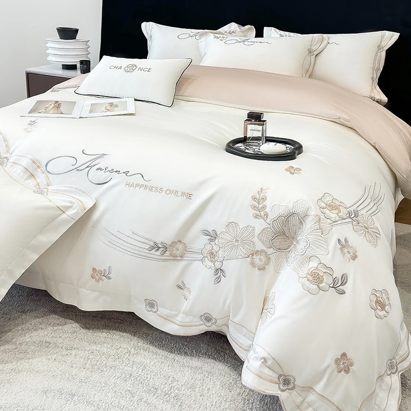 

Комплект постельного белья из 100% египетского хлопка, роскошные цветы, вышивка, пододеяльник, простыня/простыня, наволочки, 4 шт., домашний текстиль