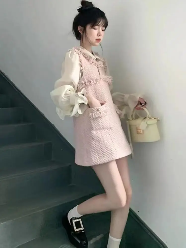 Gagarich Fashion Woman 2 Piece Set French Hepburn Pink Fragrant Dress Autumn Winter Design Short Shirt O Neck Vest Dress