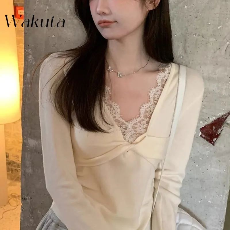 WAKUTA American Sexy U-shaped Collar Lazy Wind Sweaters Female Fall and Winter Pullovers Retro Lace Knit Sweaters Кофта Женская