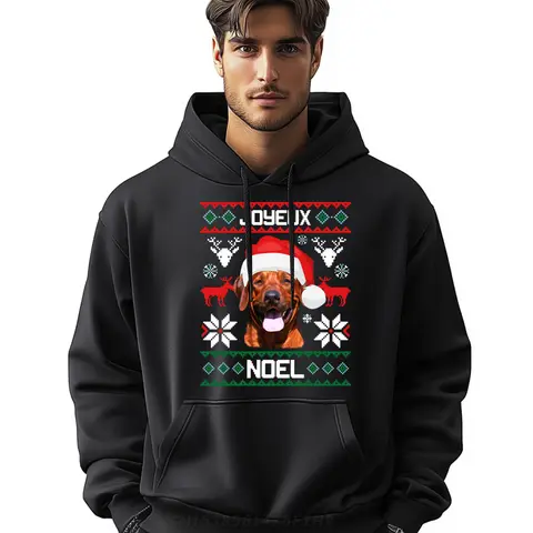 メンズメリークリスマスローデシアンリッジバックプルオーバーパーカー、甘いクリスマス犬のグラフィックパーカー