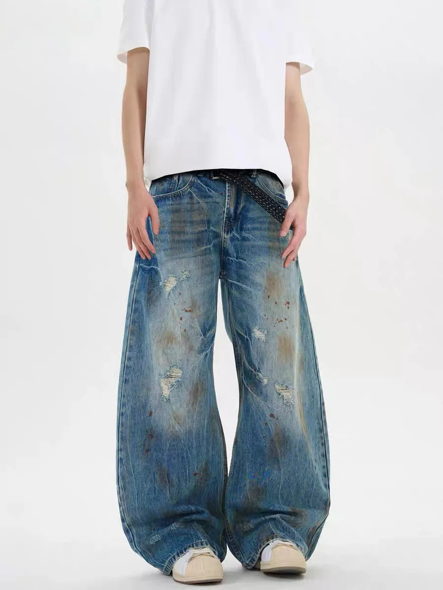 

Ретро Американские джинсы с завышенной талией Мужчины Женщины Маленький дизайн Sense Hole Bent Knife Брюки со средней талией Длинные джинсы