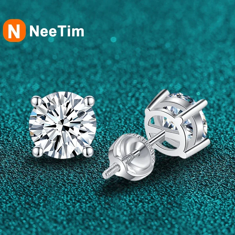 

NeeTim 2 Carat Moissanite Earrings Studs for Women Men Screw Thread Ear Stud 925 Solid Silver With White Gold Plated Jewelry