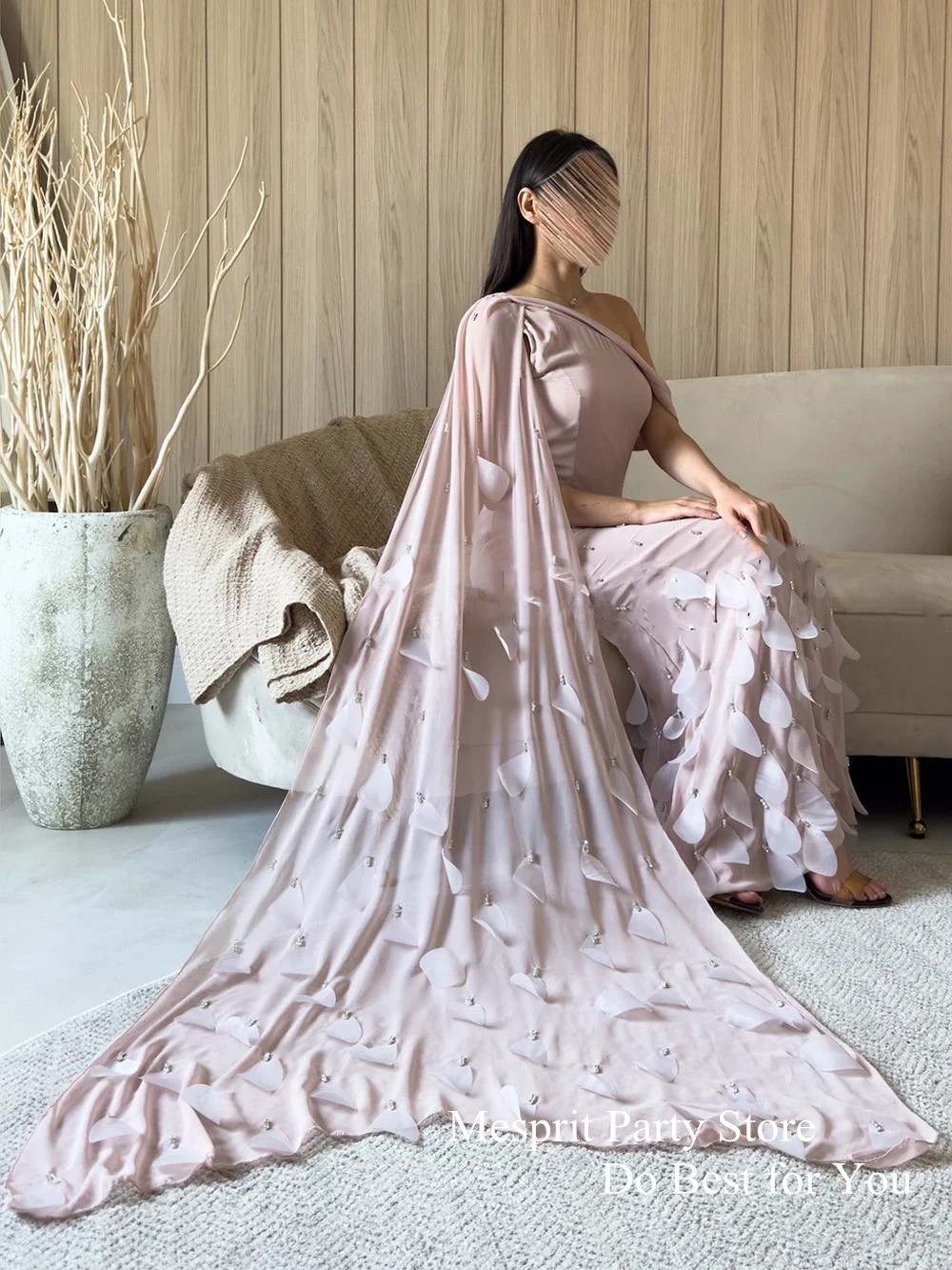 Floral Petals Evening Dress One Shoulder Long Cape Beading Pearls Floor Length Formal Occasion Dresses Saudi Party Prom Gown