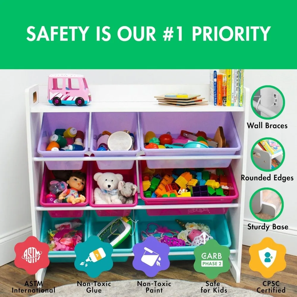 منظم تخزين ألعاب الأطفال مع 9 صناديق قابلة للإزالة، رف كتب أبيض/وردي/أرجواني/أكوا لغرف اللعب والحضانات