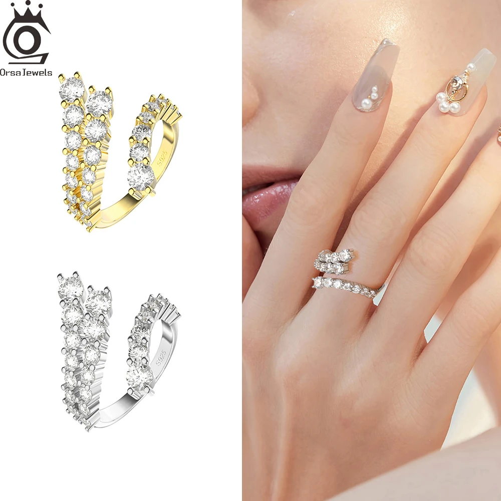 ORSA JEWELS New Fashion 925 Sterling Silver Open Ring Geometric Zircon Rings Irregular Line Ring Shiny Wedding Jewelry SR305