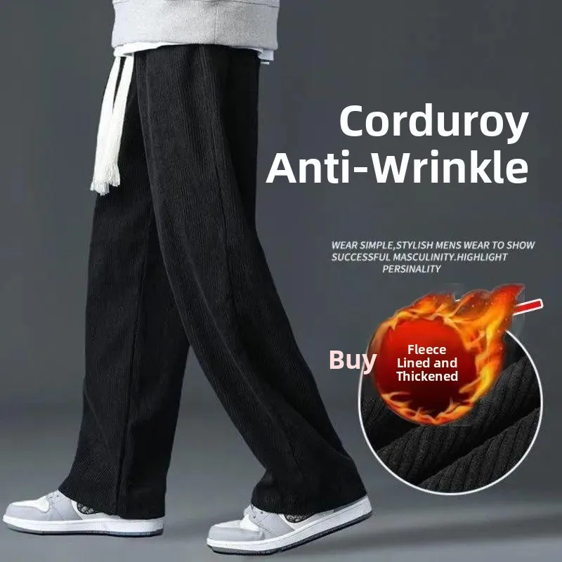 Men's Corduroy Sports Straight Leg Pants Thickened Fleece Long Casual Loose Fit Autumn Winter New Style Comfortable Straight ...
