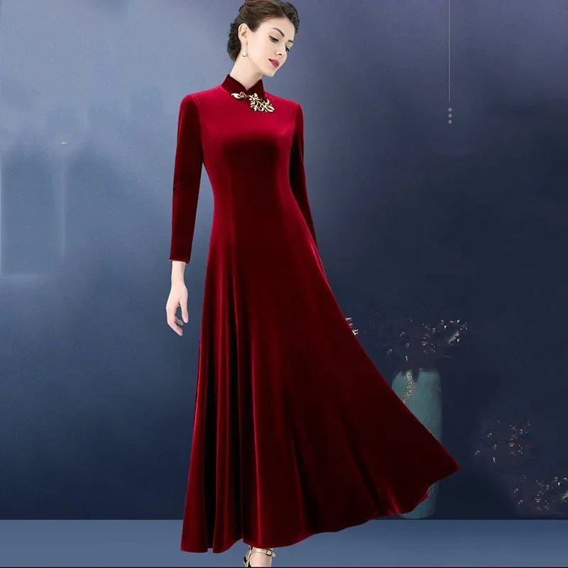 

Women's Spring Long Sleeve Gold Velvet Dress Chinese Style Cheongsam Vintage Slim Fit Oversize Party Vestido 2025