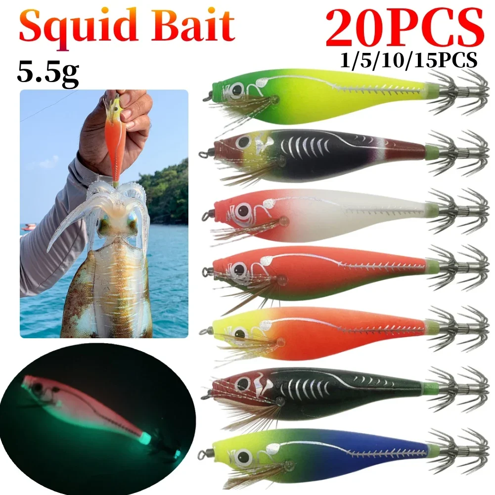 75mm 5.5g Artificial Fishing Lures Squid Hook Jigs Noctilucent Squid Cuttlefish Jigs Bait Spinnerbait Sea Fish Wood Shrimps