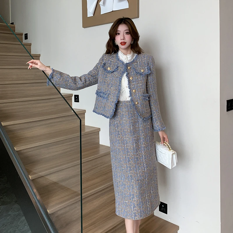 High Quality Winter Autumn New Vintage Tassel 2 Piece Set Single Breasted Coat +Midi Skirt Casual Work Women Suits Skirts