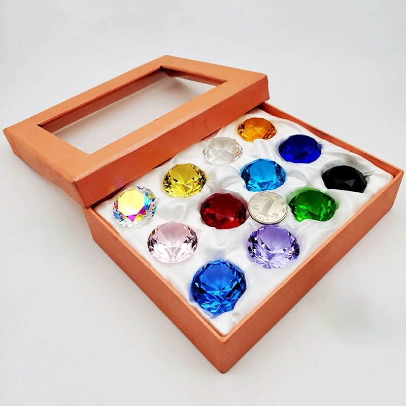 

Artificial Crystal Glass Diamond Jewel Paperweight Home Decor Children Toys 12 Color Round Cut Crystal Gem Gift Box Set (12pcs)