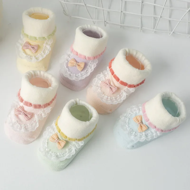 2Pairs Newborn Infant Baby Kids Wears Cute Girls Spring and Summer Thin Lace Cotton Mid Length Walking Socks Pair 0-1Years Old