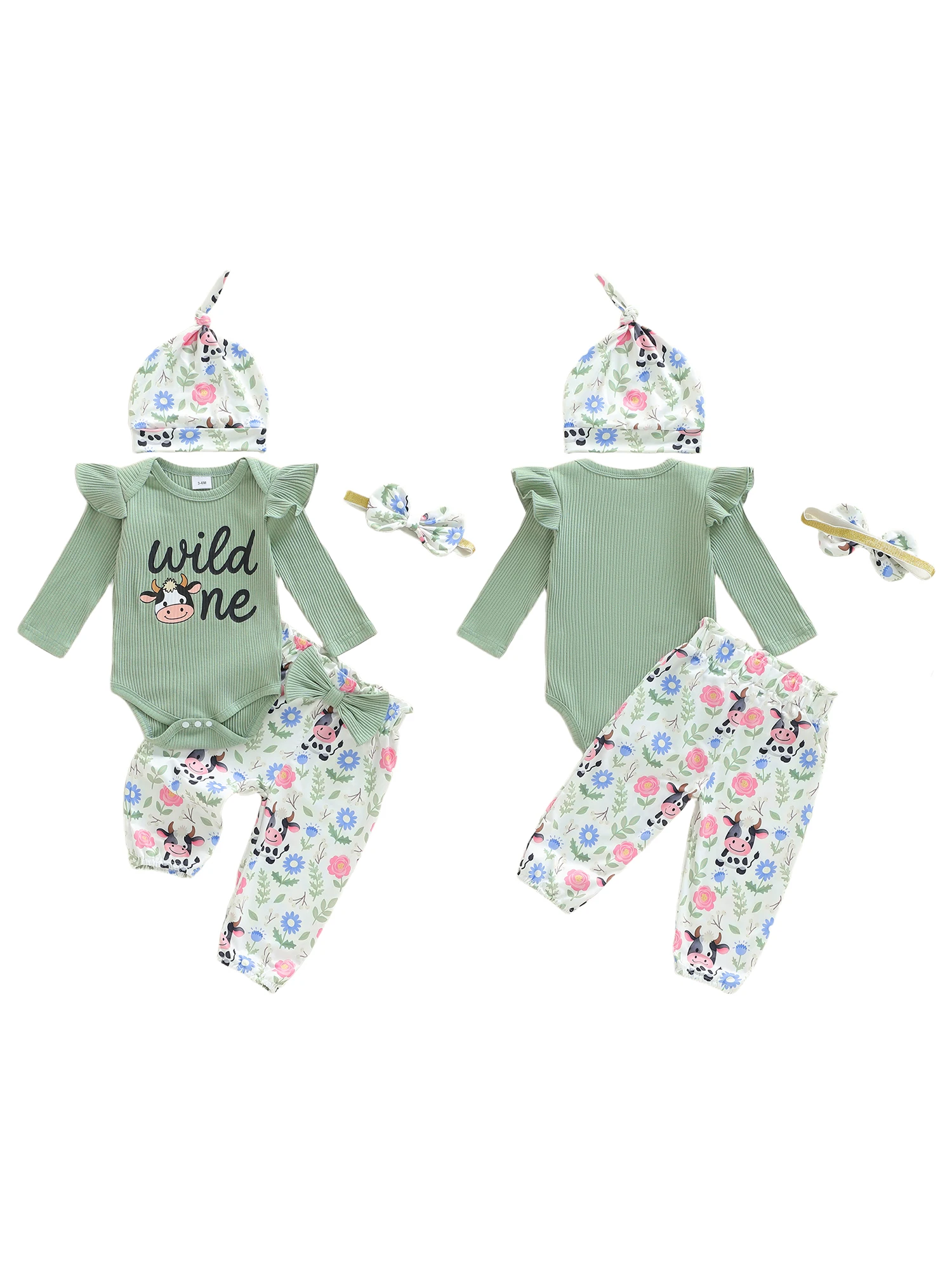 طقم مكون من 3 قطع للفتيات الصغيرات بأكمام طويلة ورقبة دائرية وطبعة زهور وسروال بخصر مطاطي وعصابة رأس للخريف