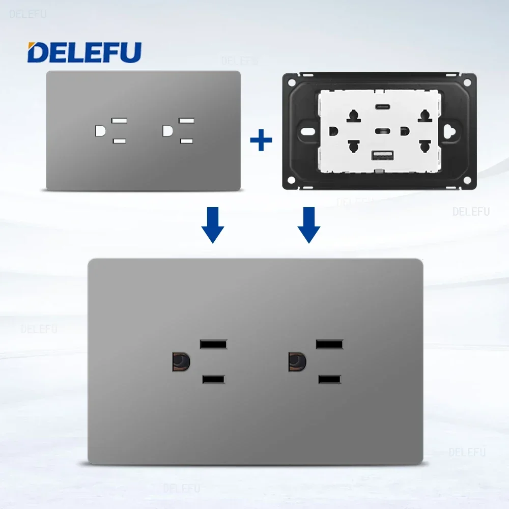 DELEFU soket US pengisian cepat Tipe C standar Meksiko Panel PC abu-abu tahan api 124*76mm sakelar soket dinding