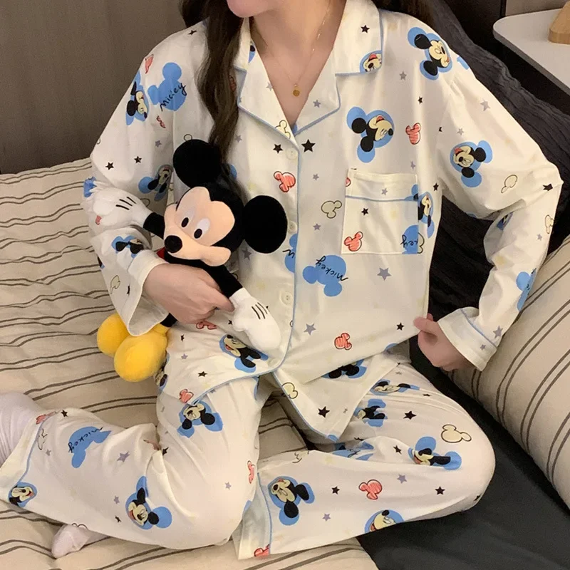 Cartoon Disney Mickey Mouse autumn new pajamas pajamas set casual long-sleeved trousers cute loose cardigan women\'s loungewear