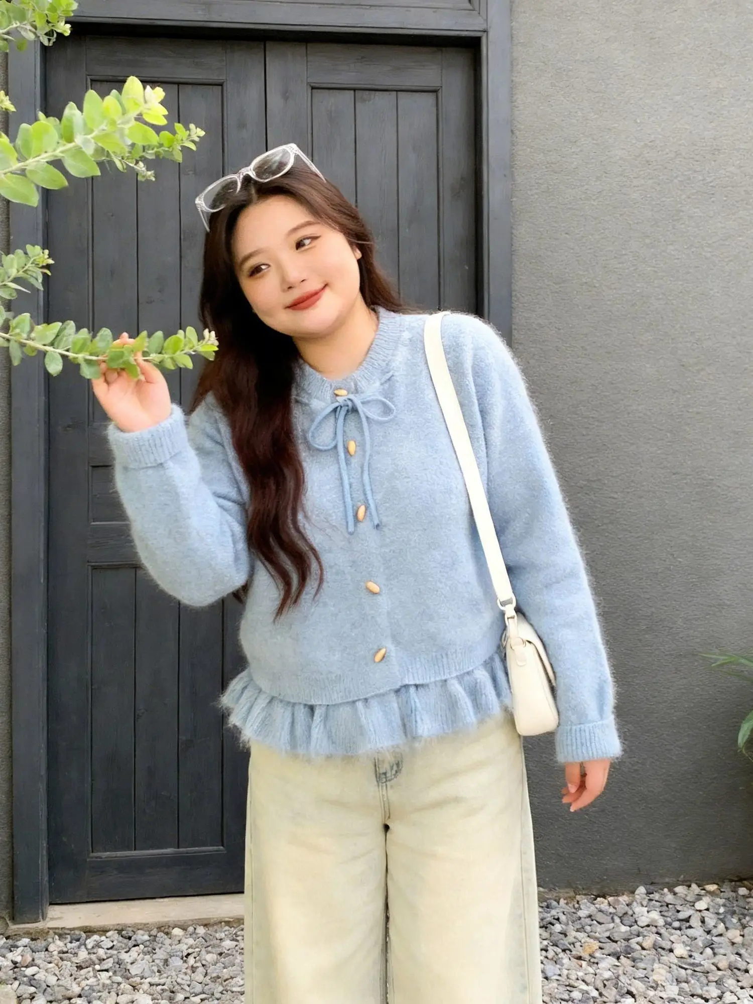 

Loose Fit Knitted Cardigan Women's Blue Knot Belted Sweater Korean Sle Autumn Winter Long Sve round Ne Sweater