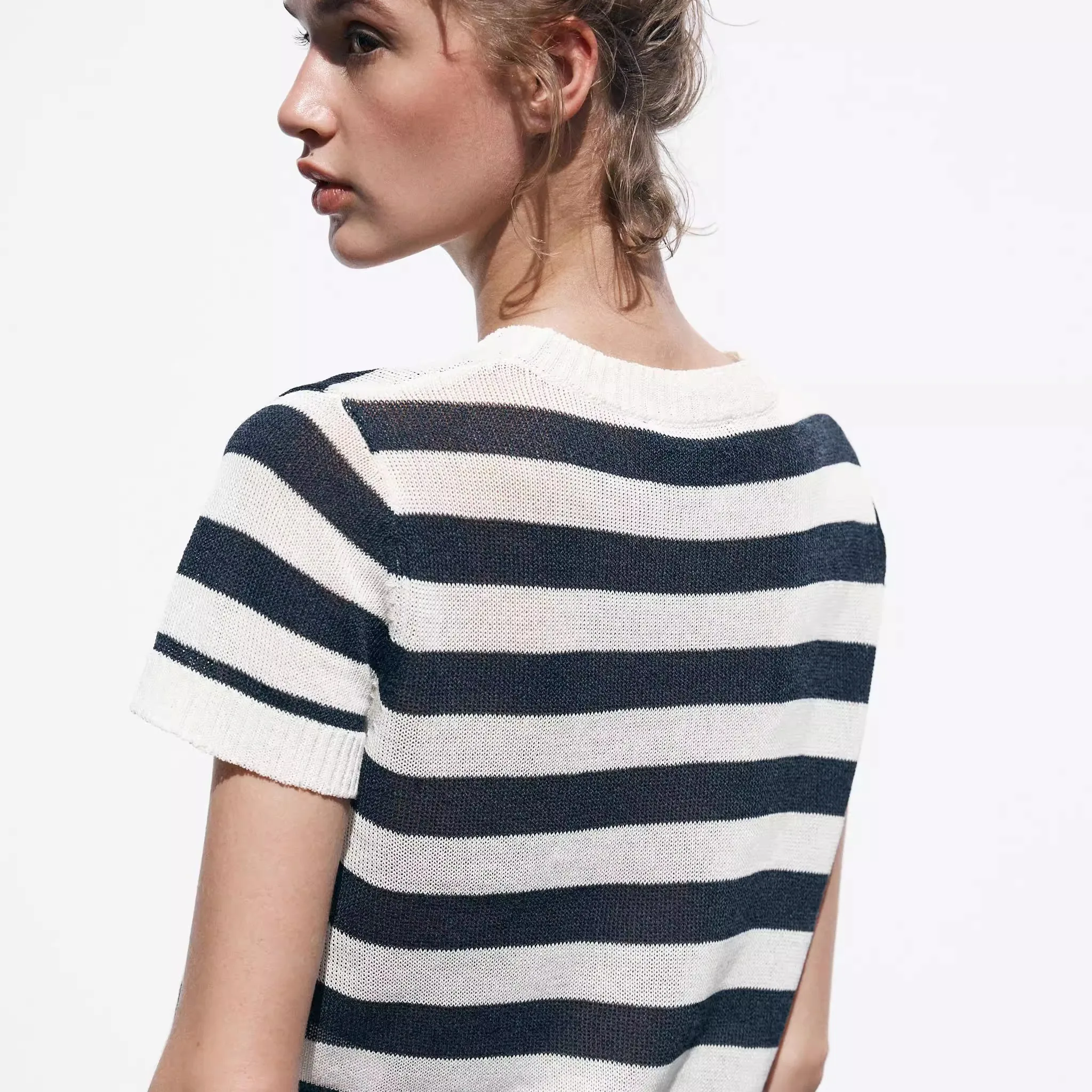 Novedad de verano, Top de punto de manga corta con cuello redondo a rayas para mujer, Top ajustado de estilo clásico que abso...