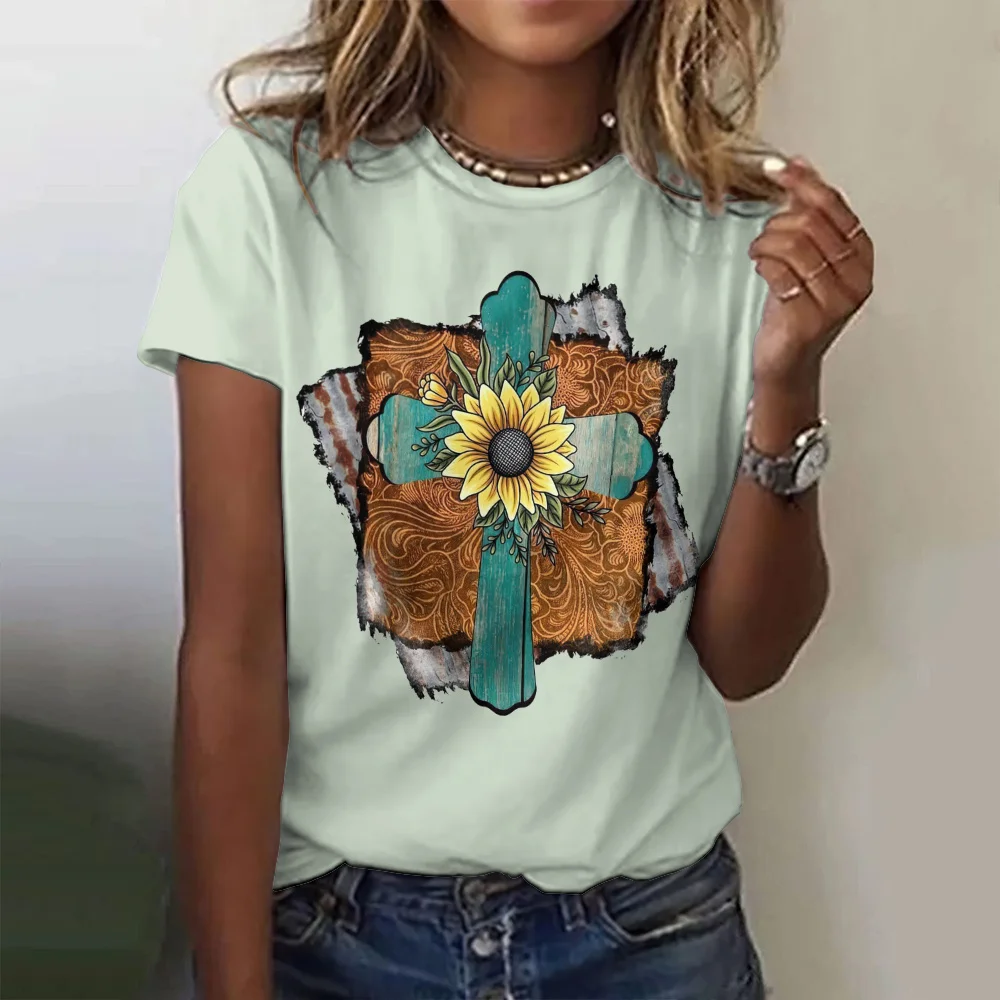 New Design Jesus Cross & Sunflower T-Shirt For Women's Plus Size Crop Neck Top Summer Female Women's Clothing Shirt Fashion 2024