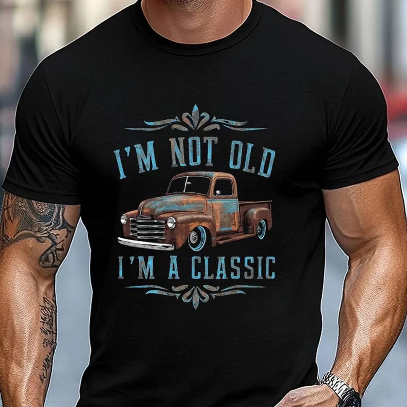 Men'S Vintage Truck Pattern T-Shirt I'M Not Old I'M A Classic Vintage Quote Everyday Casual Crew Neck T-Shirt