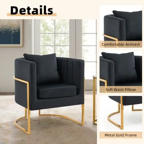 Velvet Accent Chairs Set of 2, Upholstered Barrel Armchair with Pillow, Black Gold Legs