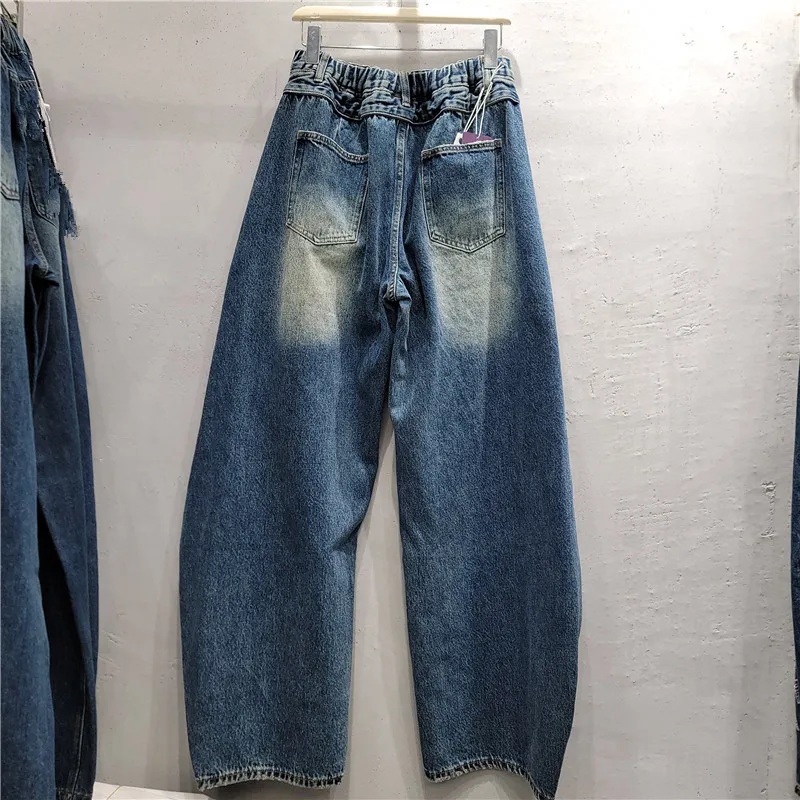 American Retro Women Wide Leg Jeans New Autumn Faux Two-piece Irregular High Waist Floor-length Dark Blue Straight Denim Pants
