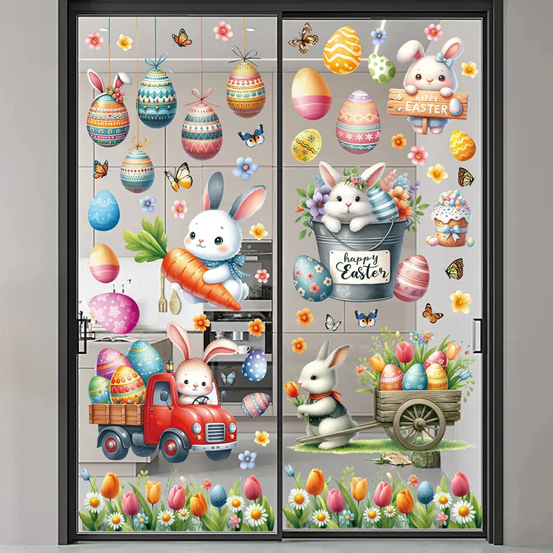 Adesivos de janela de páscoa adesivo de parede de páscoa crianças quarto decalques de parede bonito coelho ovos cenoura decorações para festa de primavera adesivos