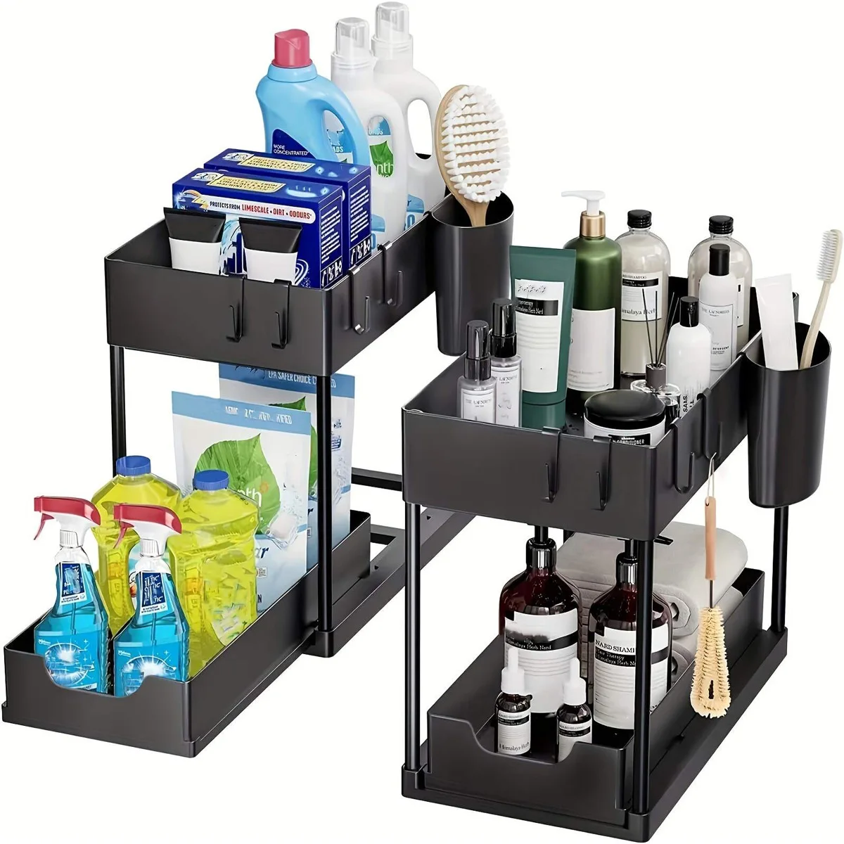 2 Tier Under Sink Organizer Sliding Cabinet Basket Organizer Storage Rack with Hooks Hanging Cup Bathroom Kitchen Organizer