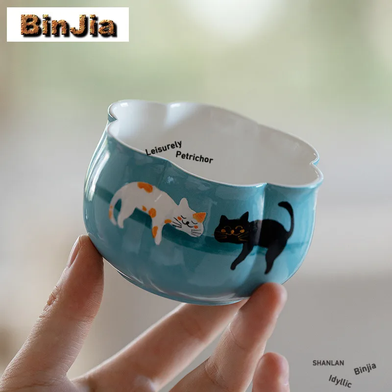 

Powder Yin Hand-painted Cat Teacup Luxury Tea Bowl Tea Cup Set Tea-tasting Meditation Cup Chazhan Master Cups Tea Services Craft