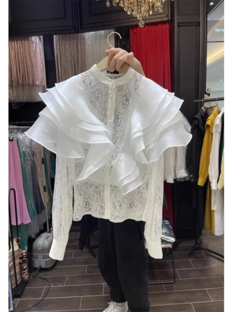 

Blusas De Mujer Long Sleeve Shirt Crochet Hollow Leaf Lace Shirts & Blouses Patchwork Spring Fashion Chic 2025 Tops